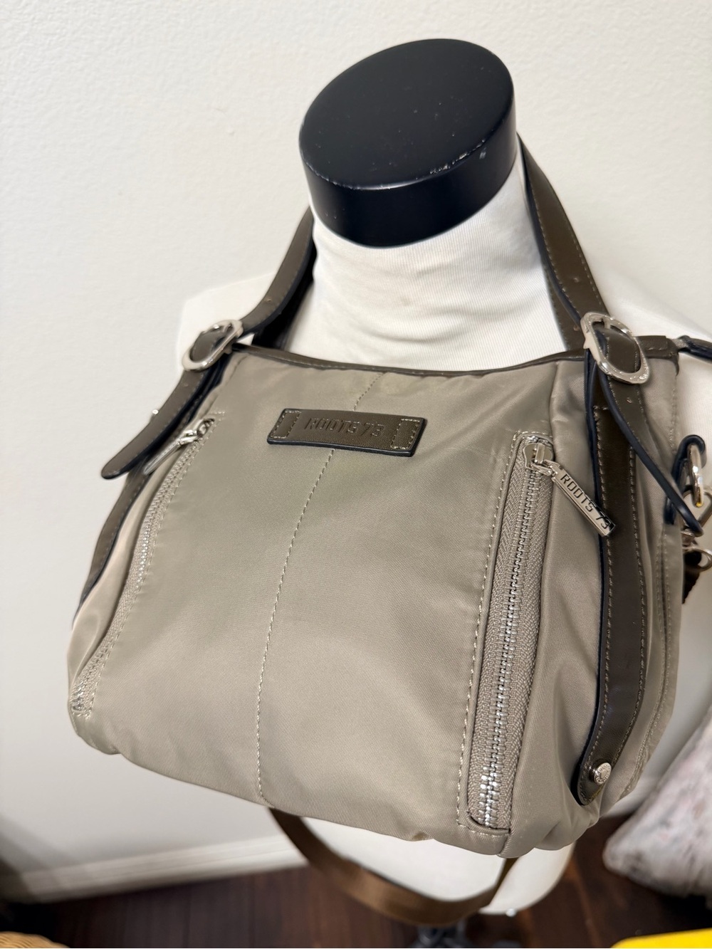 Roots Canadian Taupe Nylon Shoulder Bag with Silver Hardware